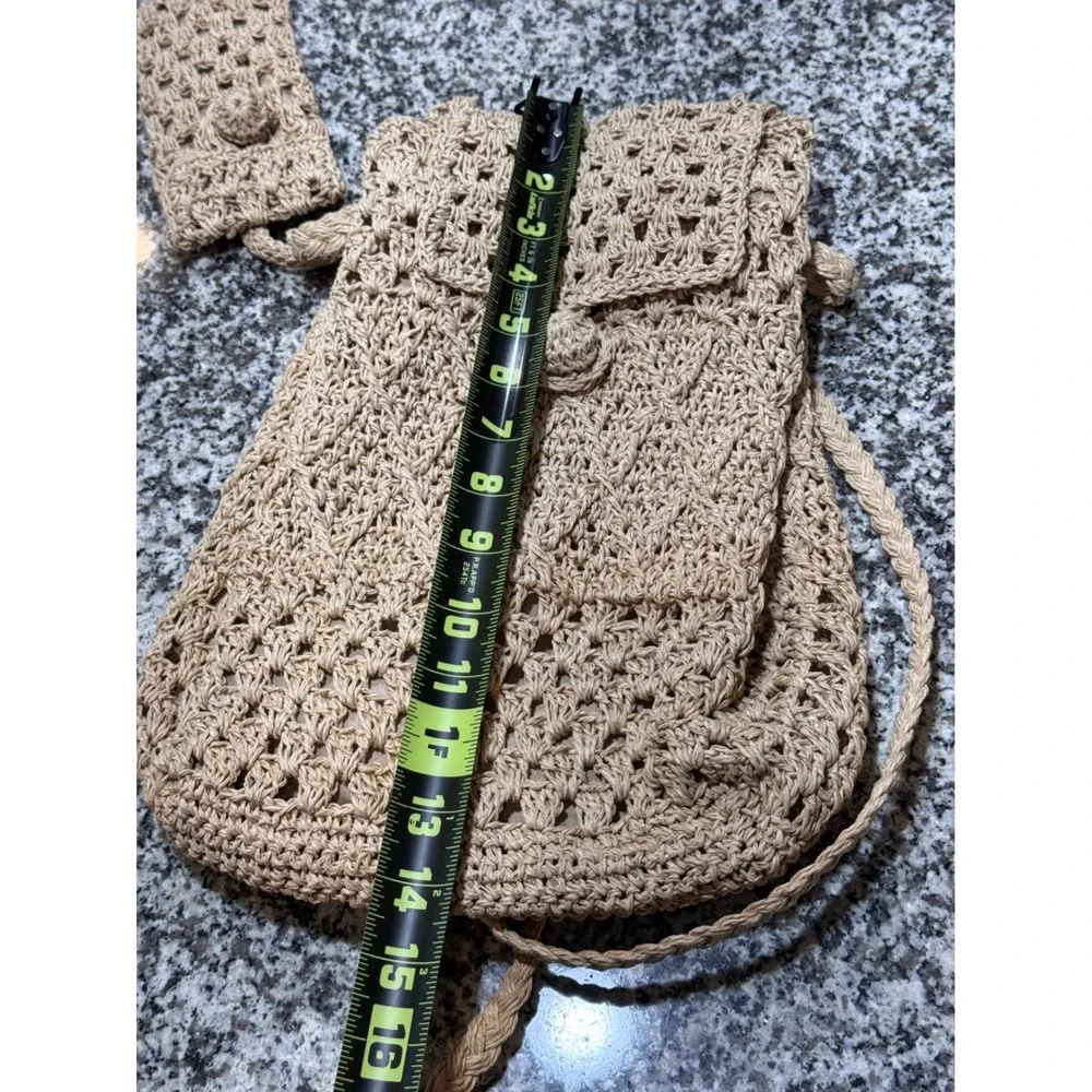 Woven Crochet Backpack Womens OS Tan Straw Paper Boho Coastal Indie Festival 90s